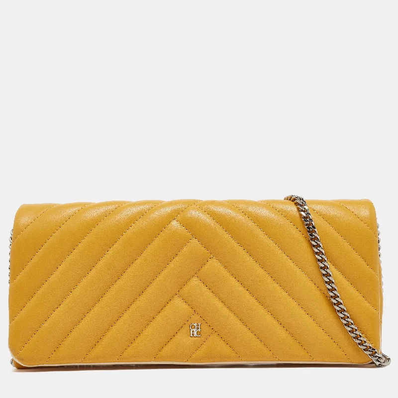 Ch Carolina Herrera Yellow Quilted Leather Chain Clutch