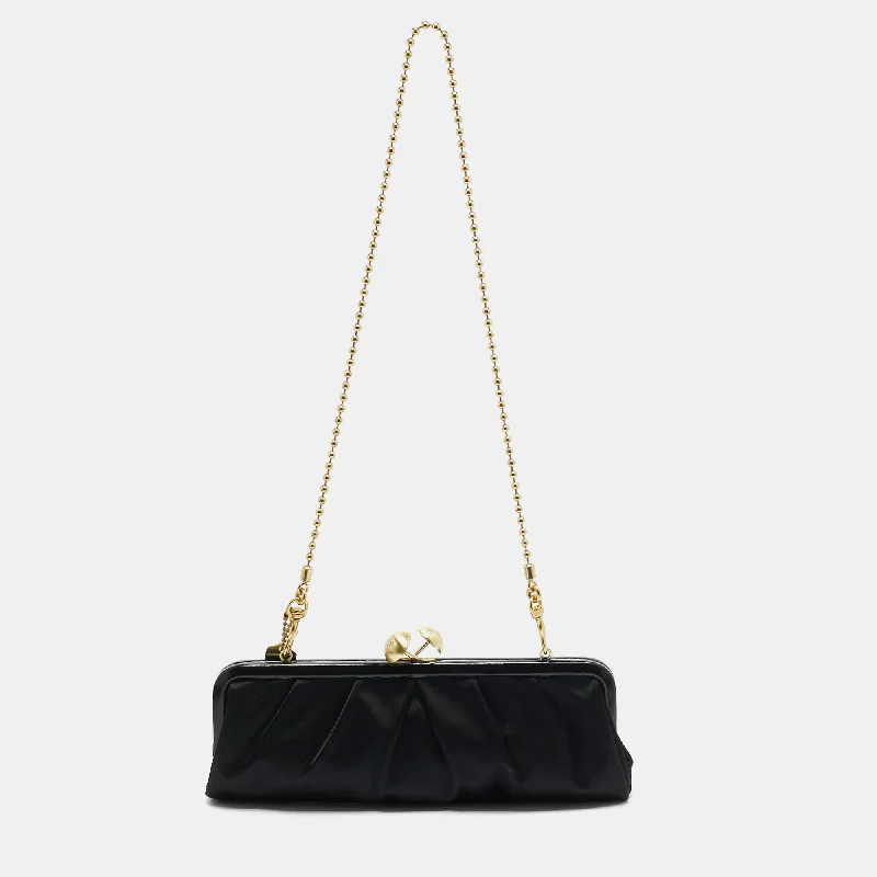 Coach Black Satin And Patent Leather Kiss Lock Chain Clutch