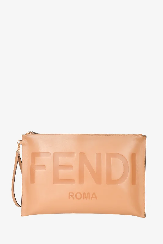 Fendi Roma Brown Leather Logo Flat Clutch