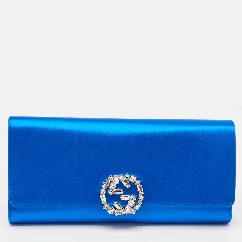 Gucci Royal Blue Satin Gg Crystals Broadway Clutch..