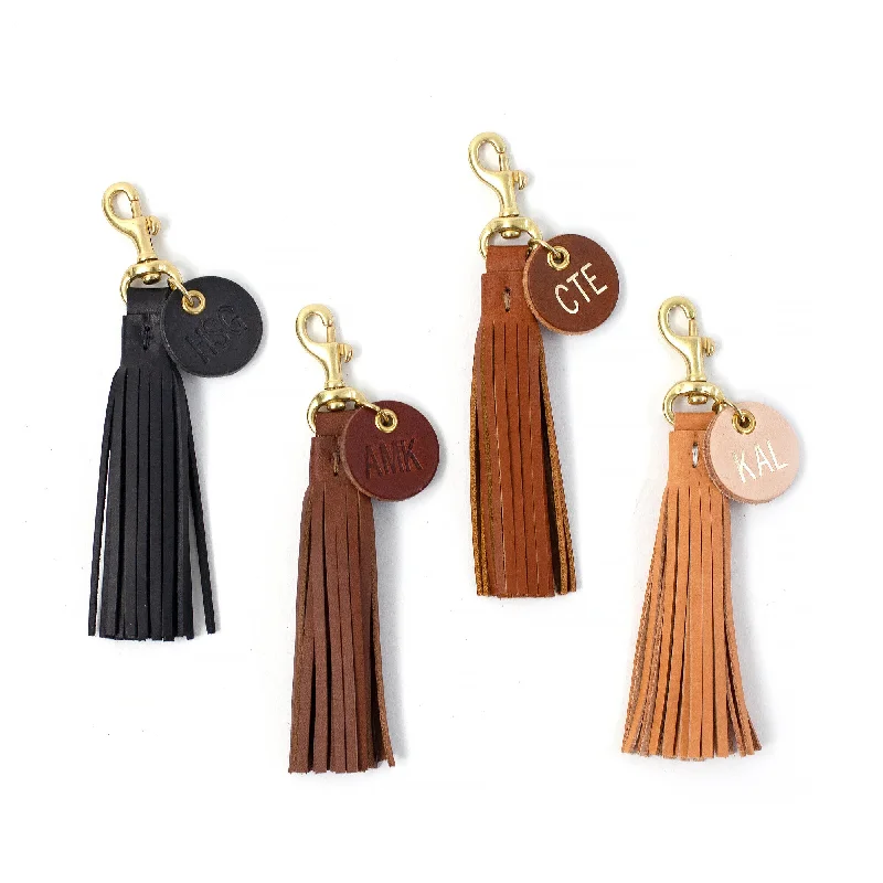 Leather Tassel Zipper Pull and Keyfob with Monogram Tag