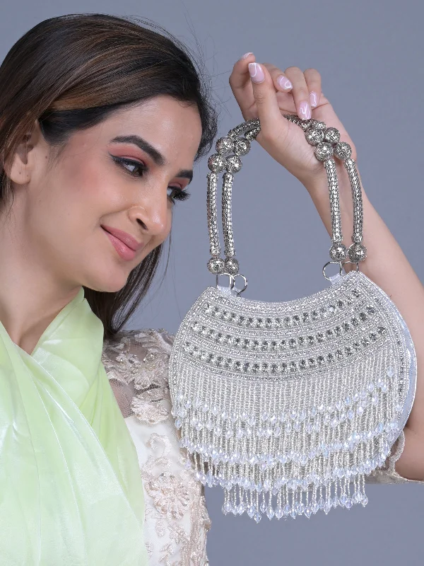 Odette Silver Stone and Beads Embroidered Half Moon Tassels Clutch for Women