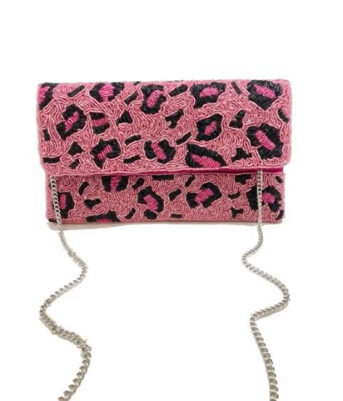 Women's Beaded Clutch In Pink Leopard