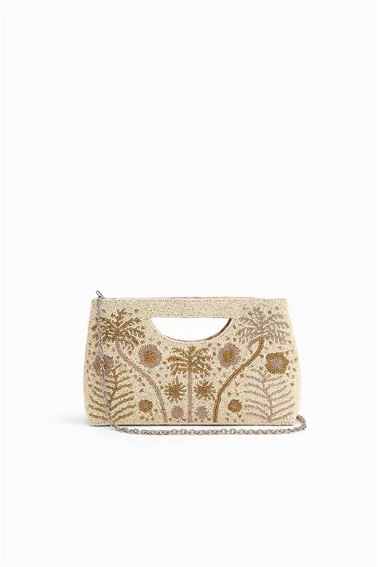 Women's Handmade Tropical Embellished Clutch In Beige