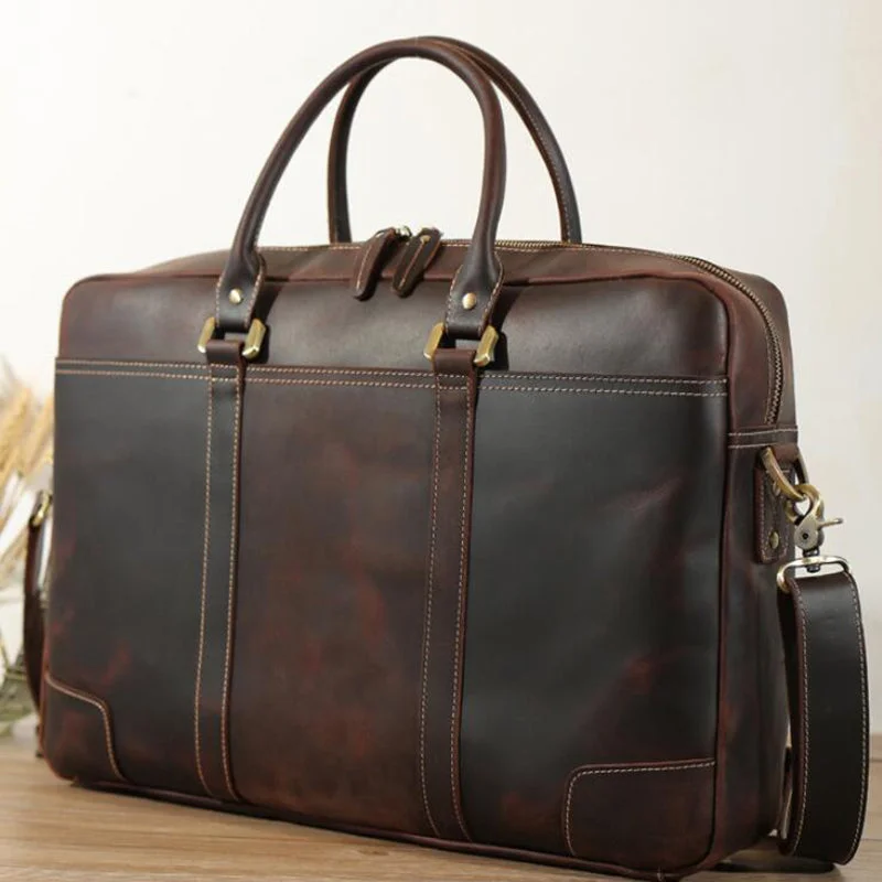 Crazy Horse Leather Men Briefcase Men Handbag Laptop Bag Business Shoulder Bag