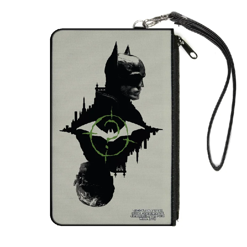 Canvas Zipper Wallet - SMALL - The Batman Movie Batman and Riddler Poses and Logos Cityscape Grays Black Green