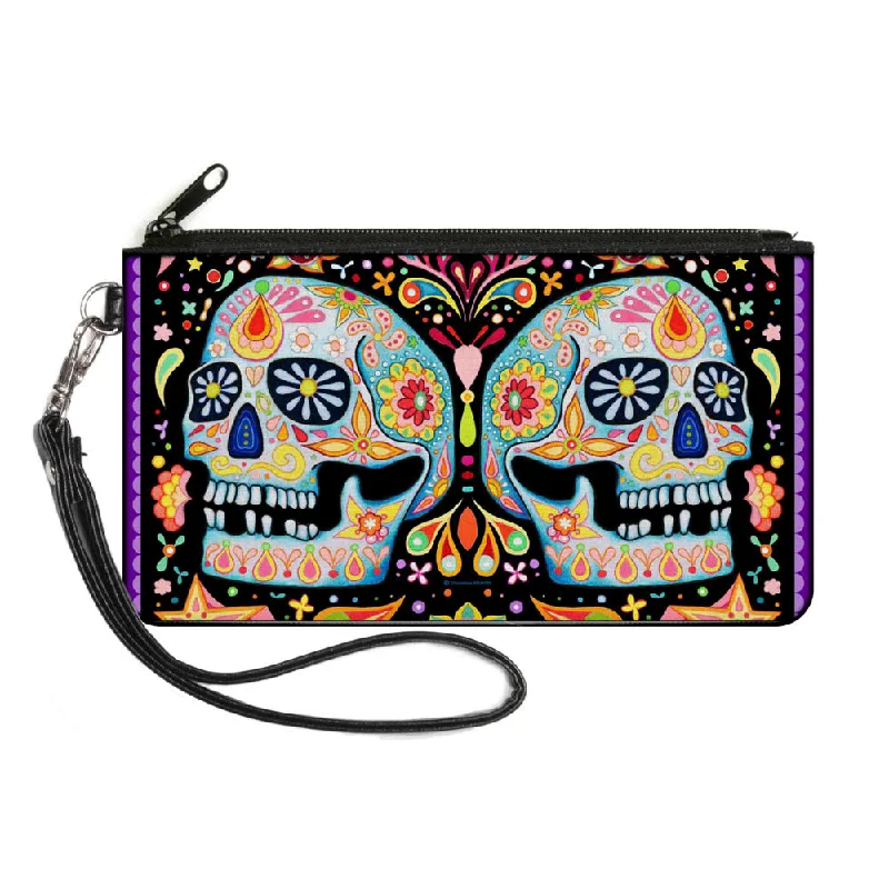 Canvas Zipper Wallet - SMALL - Twin Calaveras Floral Collage Black Multi Color