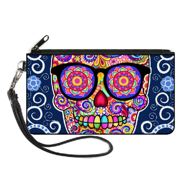 Canvas Zipper Wallet - SMALL - Hipster Calavera C U Blue White Multi Color