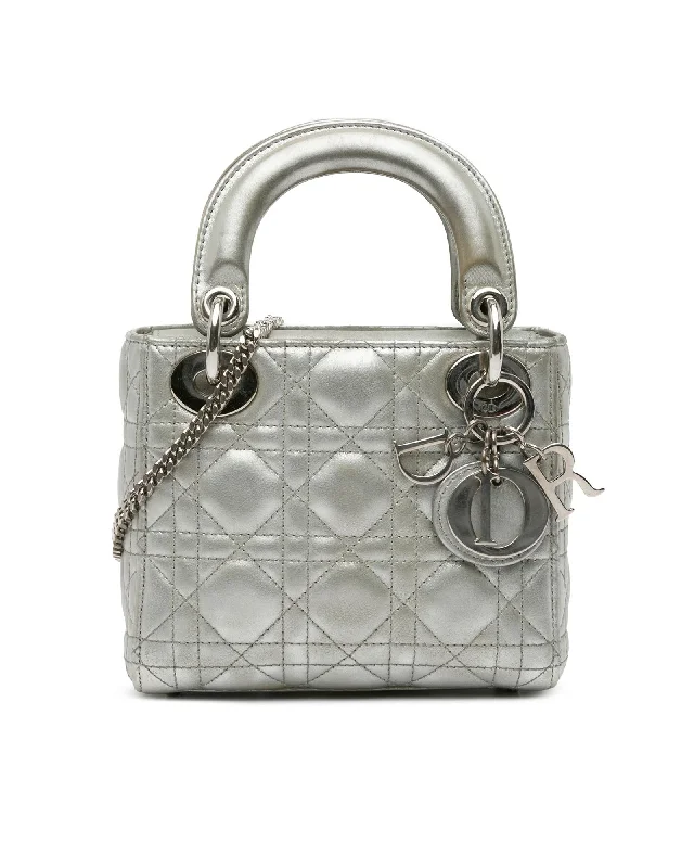 Dior Lady Dior Mini Bag in Silver Lambskin Leather