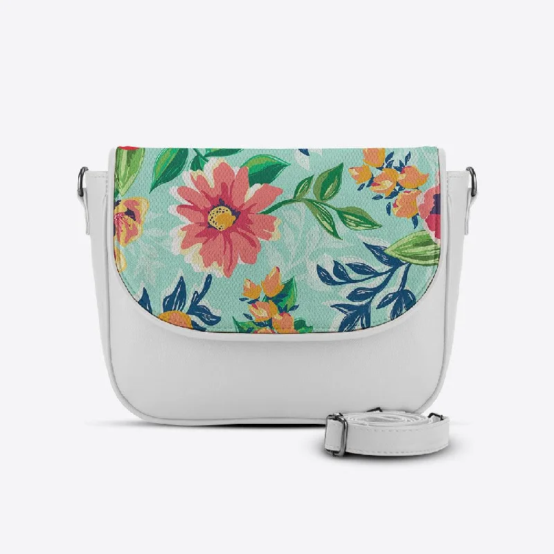 White Messenger Crossbody Cyan Floral