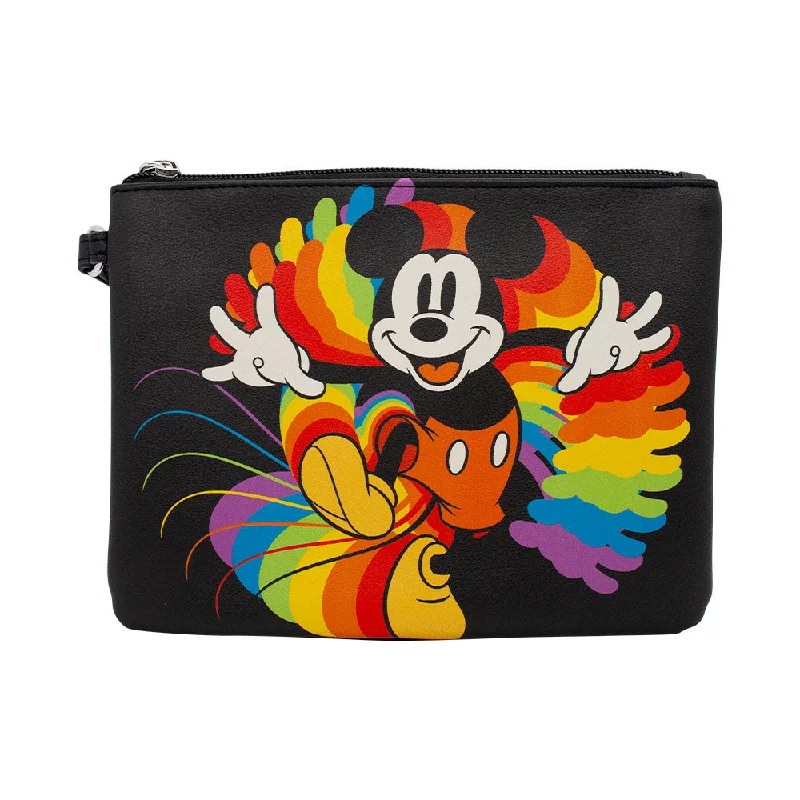 Women's Wallet Single Pocket Wristlet - Mickey Mouse Action Pose Trails Black Rainbow