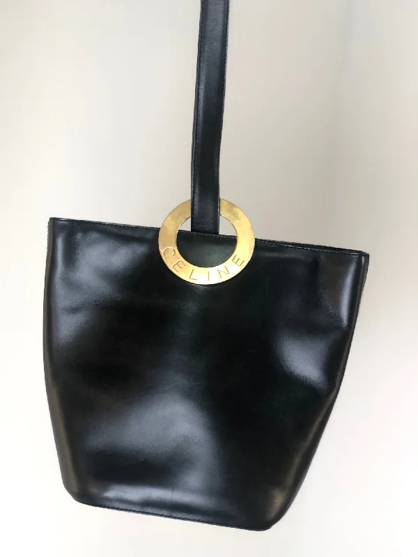 CELINE Circle Logo Leather Shoulder bag Black Vintage ysacmv